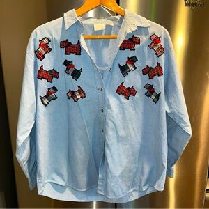 Scottish DOG tartan plaid Jean shirt Embroidered Long Sleeve Button Shirt 18W 2X
